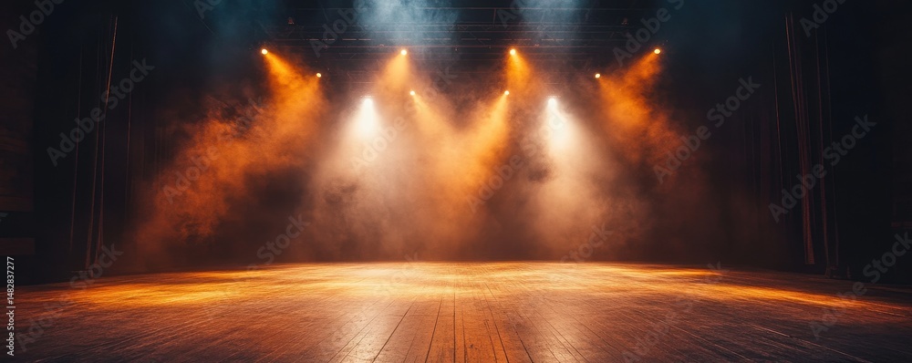 Obraz premium Dramatic Stage Lighting Hazy Orange and White Spotlights on Dark Textured Floor