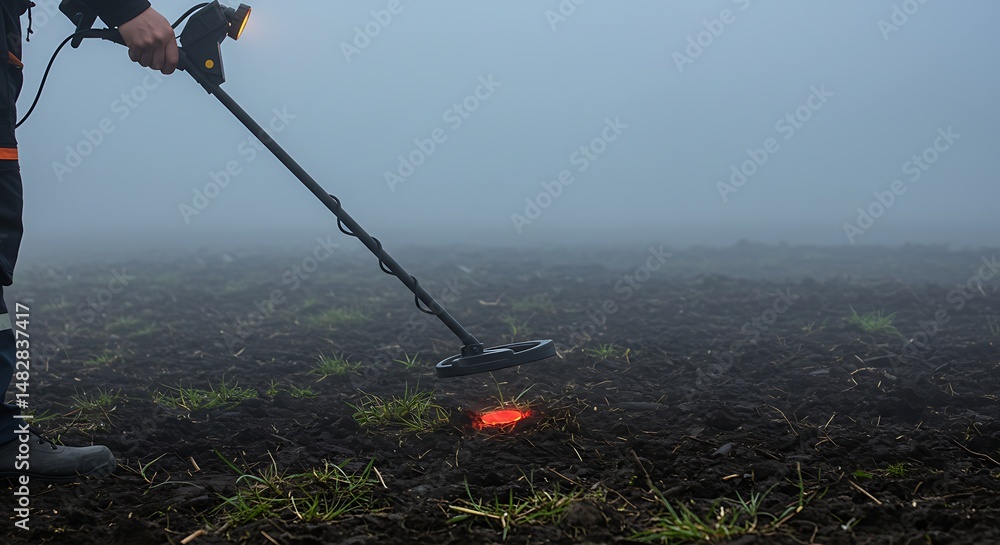 Naklejka premium Metal detector in foggy field