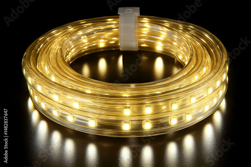 A coiled illuminated led rope light against a dark backdrop creating an elegant and warm lighting effect suitable for decoration