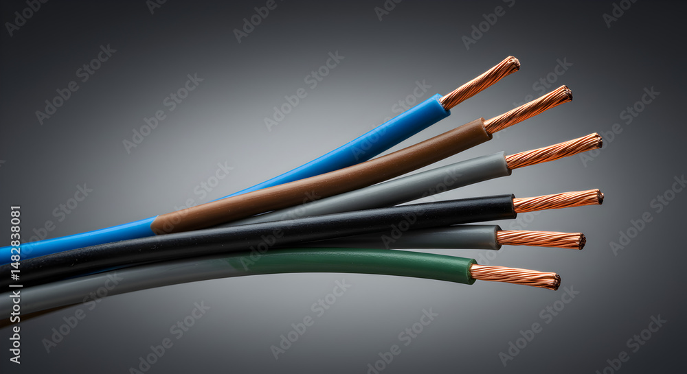 Close-Up of Stripped Electrical Wires with Various Colored Casings and Copper Conductors on Dark Gray Background Close-Up of Stripped Electrical Wires with Various Colored Casings and Copper Conductors on Dark Gray Background