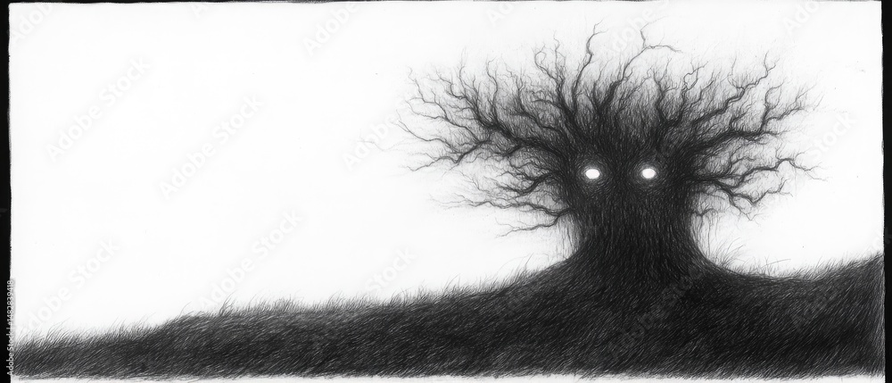 Obraz premium Dark tree with glowing eyes sits atop a small hill in a black and white sketch