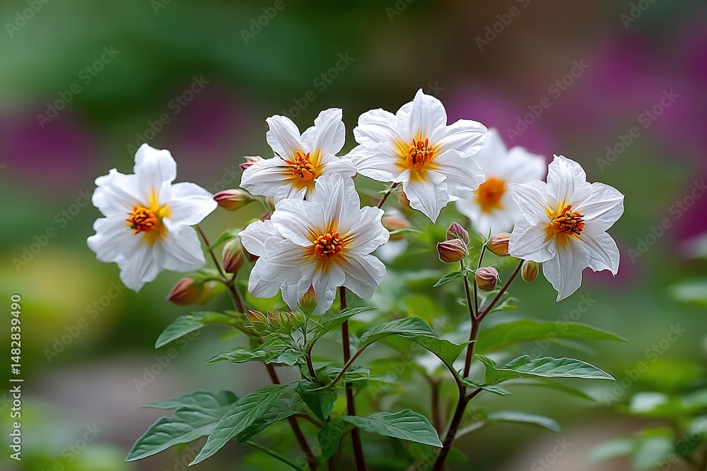 Delicate white star flowers amidst lush greenery Delicate white star flowers amidst lush greenery