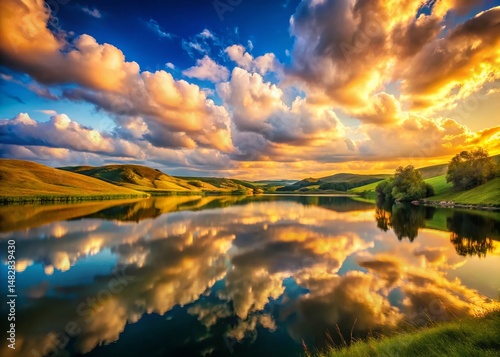 Golden Hour Landscape: Puffy Clouds Reflecting in Serene Lake, Sweet Dessert-like Ambiance