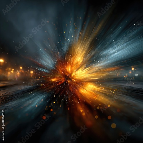 Abstract explosion of vibrant colors, radiating outward from a central point, amidst a dark, smoky background.  Streaks of light and particles suggest motion and energy