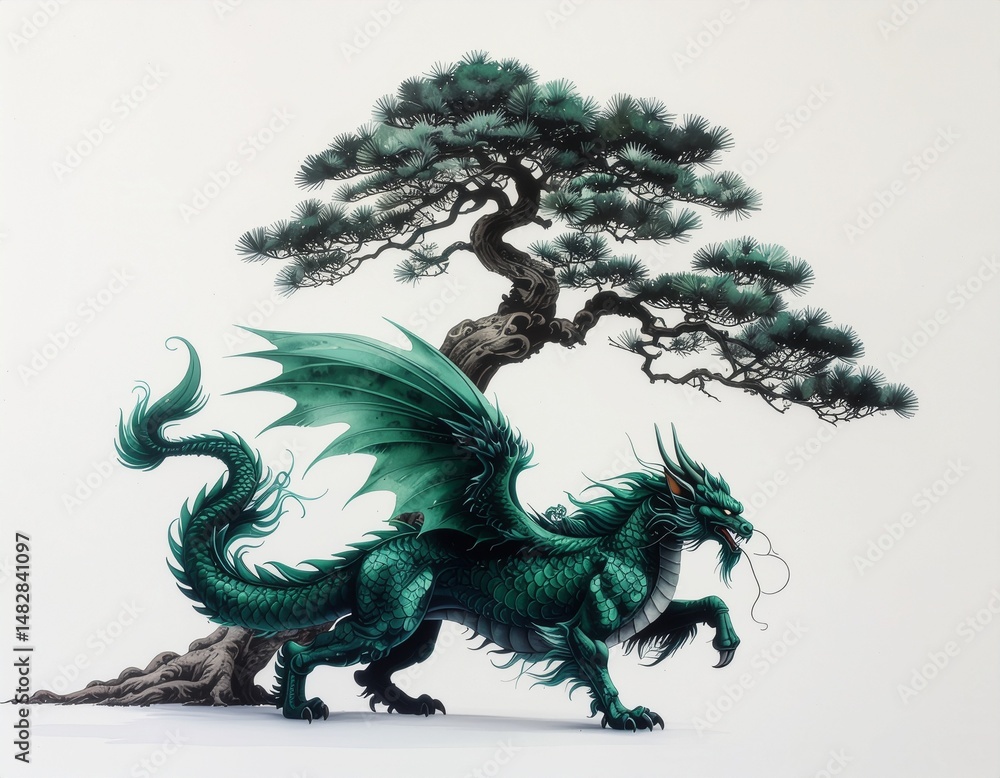 Naklejka premium Mystical Dragon under Bonsai Tree: An artistic depiction of a majestic dragon, with vibrant teal scales and wings, standing beneath a meticulously crafted bonsai tree.