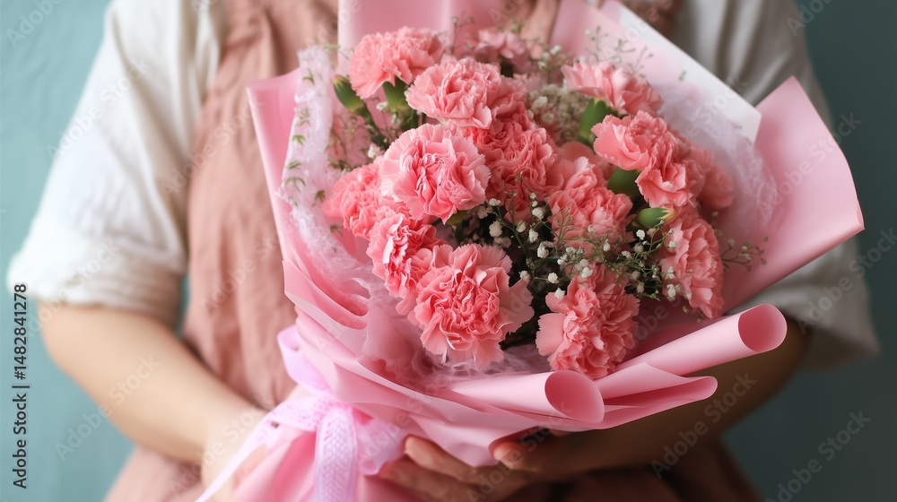 Beautiful bouquet of pink carnations wrapped in soft paper held by a person indoors