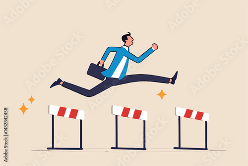Success to win in business competition, overcome obstacles or motivation to solve problem and lead company achievement concept, confident businessman leader jump high over 3 hurdles to be winner.