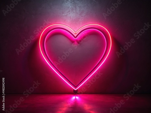 Glowing Neon Heart Sign: Minimalist Pink & Red Interior Flashing Lights Stock Photo