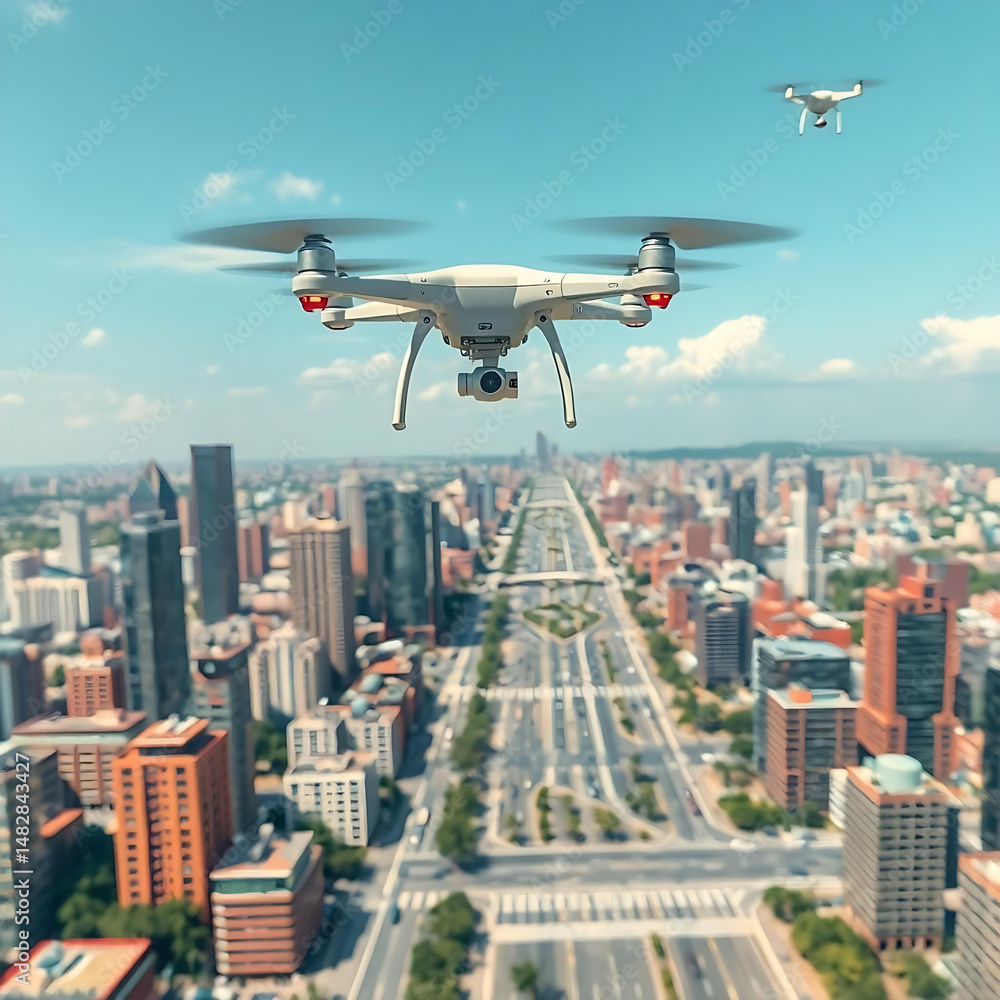 Two drones fly over a sprawling cityscape with roads and high rise buildings under a blue sky Two drones fly over a sprawling cityscape with roads and high rise buildings under a blue sky