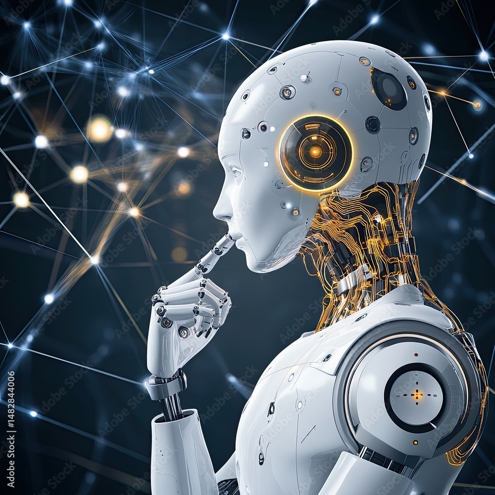 Fototapeta premium Advanced robotic figure in thought, intricate details