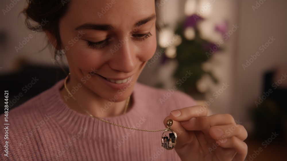 Woman smiles while holding a necklace pendant with a cherished photo inside in a cozy indoor setting during evening hours