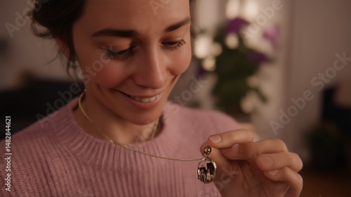 Obraz na płótnie Woman smiles while holding a necklace pendant with a cherished photo inside in a cozy indoor setting during evening hours w salonie