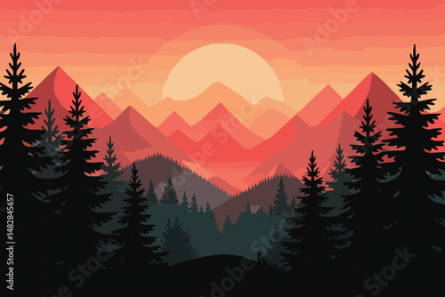 A breathtaking mountain landscape witnesses both the warm hues of sunset painting the sky and the soft glow of sunrise kissing the misty hills