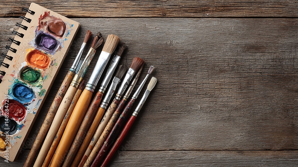 Obraz premium Artist's workspace featuring a palette of vibrant colors and an array of paintbrushes on a wooden table