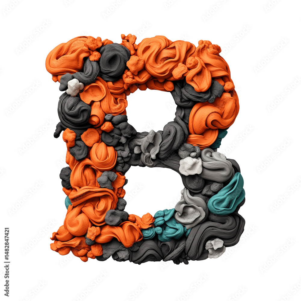 Creative letter B made from colorful fabric ruffles in orange gray teal shades with textured design Creative letter B made from colorful fabric ruffles in orange gray teal shades with textured design