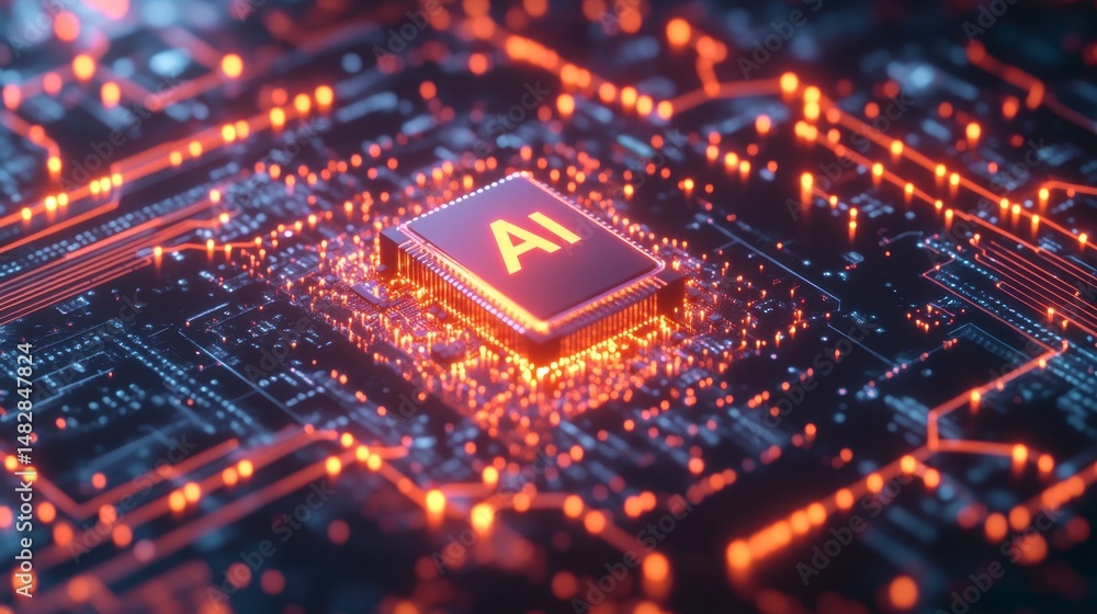 Artificial Intelligence Chip on Circuit Board with Glowing Lights Artificial Intelligence Chip on Circuit Board with Glowing Lights