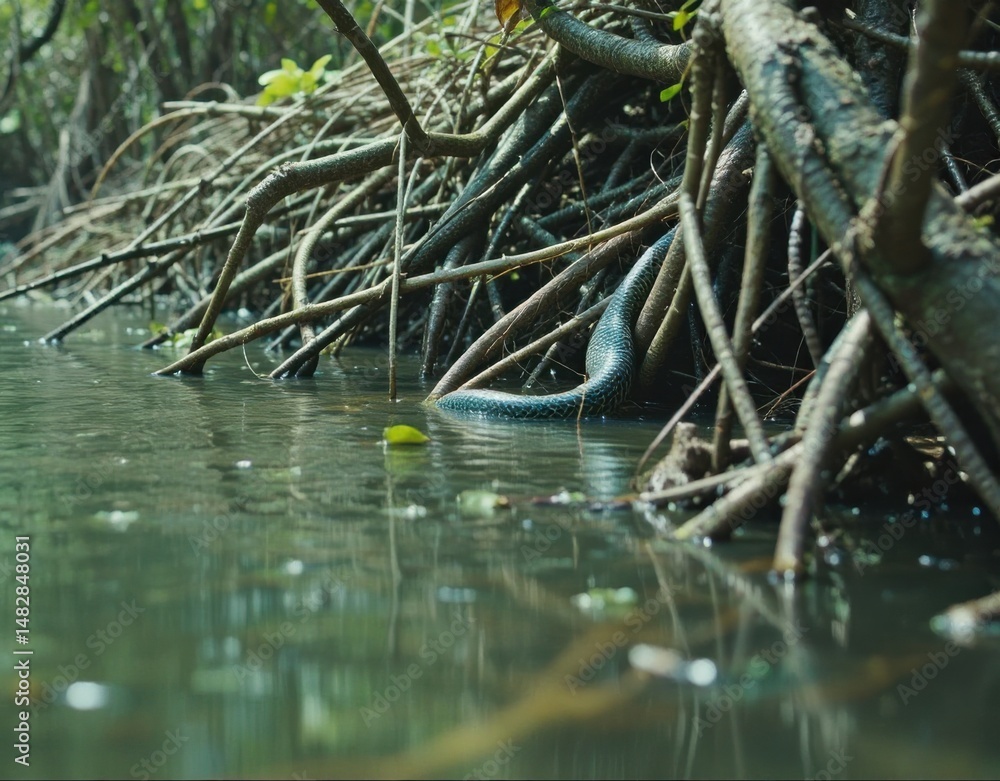 A snake slithers among tangled mangrove roots above calm, reflective water in a lush, natural environment. A snake slithers among tangled mangrove roots above calm, reflective water in a lush, natural environment.