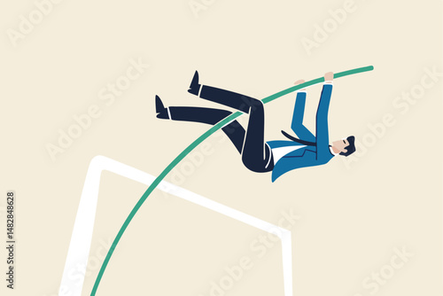 Business goal achievement, success solving business problem or succeed survive on financial crisis concept, successful confident businessman leader jumping pole vault.