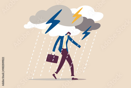 Business problem, obstacle or risk to overcome and succeed, insurance or catastrophe and disaster business day concept, depressed businessman walking with cloudy thunderstorm and rainy around his face