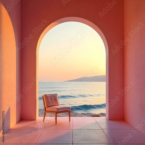 A minimalist scene featuring a single chair placed in front of a large, arched opening that overlooks a calm ocean at dusk. 
