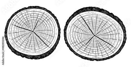 Tree ring cross section illustration – vintage wood slice engraving for logo, print or nature design