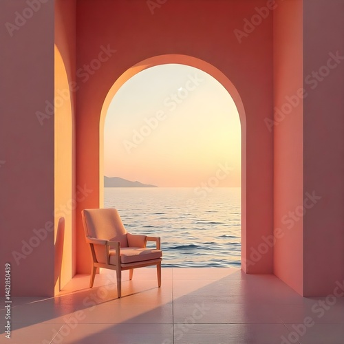 A minimalist scene featuring a single chair placed in front of a large, arched opening that overlooks a calm ocean at dusk. 