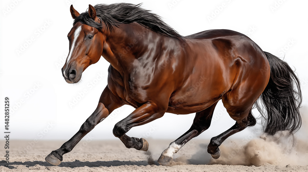 Obraz premium Bay stallion gallops in the sand on a white background.