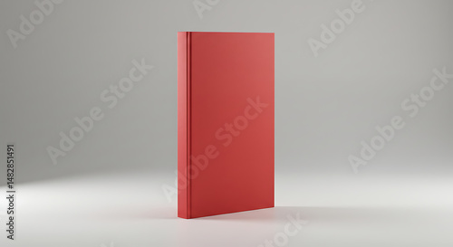 Livro único com capa vermelha fosca lisa, em pé sobre uma superfície branca com sombra