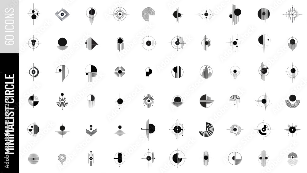 Set of 60 Minimalist Circle icons in black linear style on white background. Vector illustration. Set of 60 Minimalist Circle icons in black linear style on white background. Vector illustration.