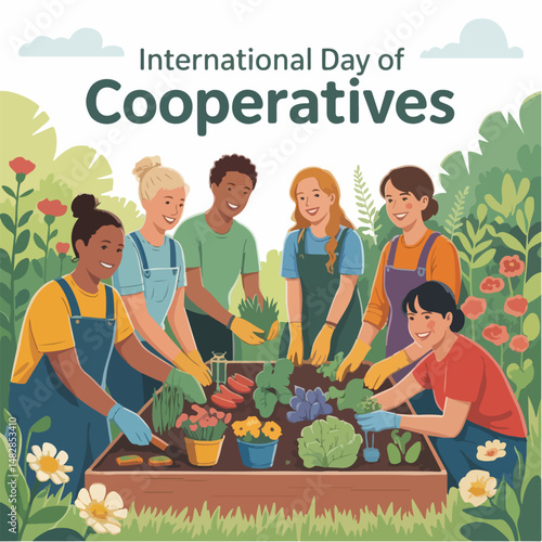 International Day of Cooperatives Vector Illustration – Diverse Group Assembling Puzzle – Poster, Banner, Campaign, Greeting Card Design