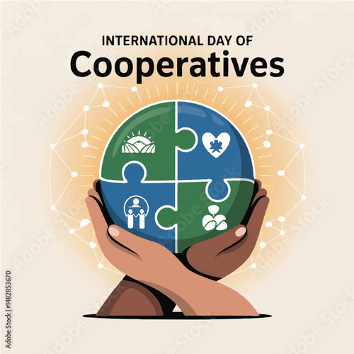 International Day of Cooperatives Vector Illustration – Diverse Group Assembling Puzzle – Poster, Banner, Campaign, Greeting Card Design
