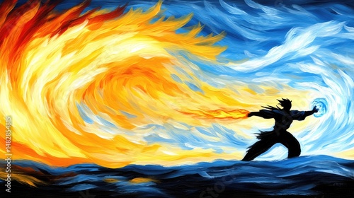 Dueling elements figure with fiery force on left, opposing with water on right, turbulent sky above