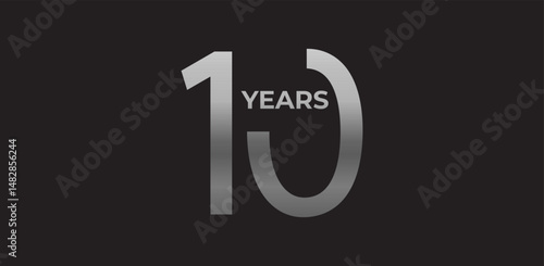 Silver gradient number 10, anniversary years on black evokes prestige, maturity, success. Silver numeric branding for 10-year celebration, marketing visuals, business identity. Vector illustration.