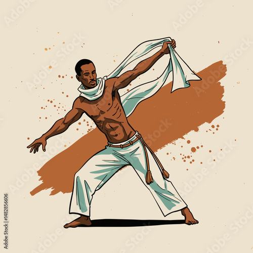 Capoeira master in a dramatic pose with a flowing white scarf set against a textured background
