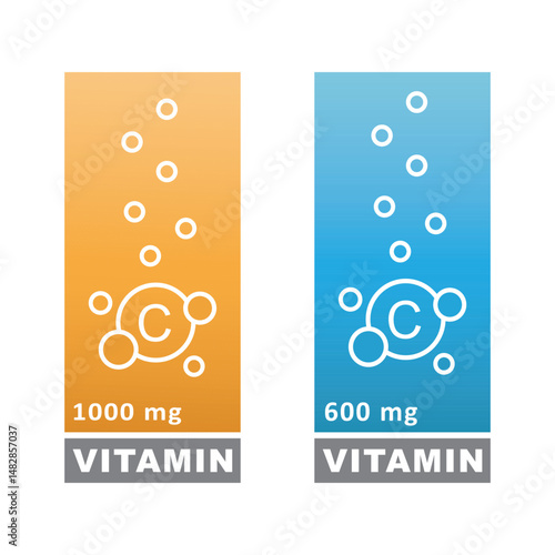 Vitamin C orange and structure. Pill vitamins complex - icon, vector, label.