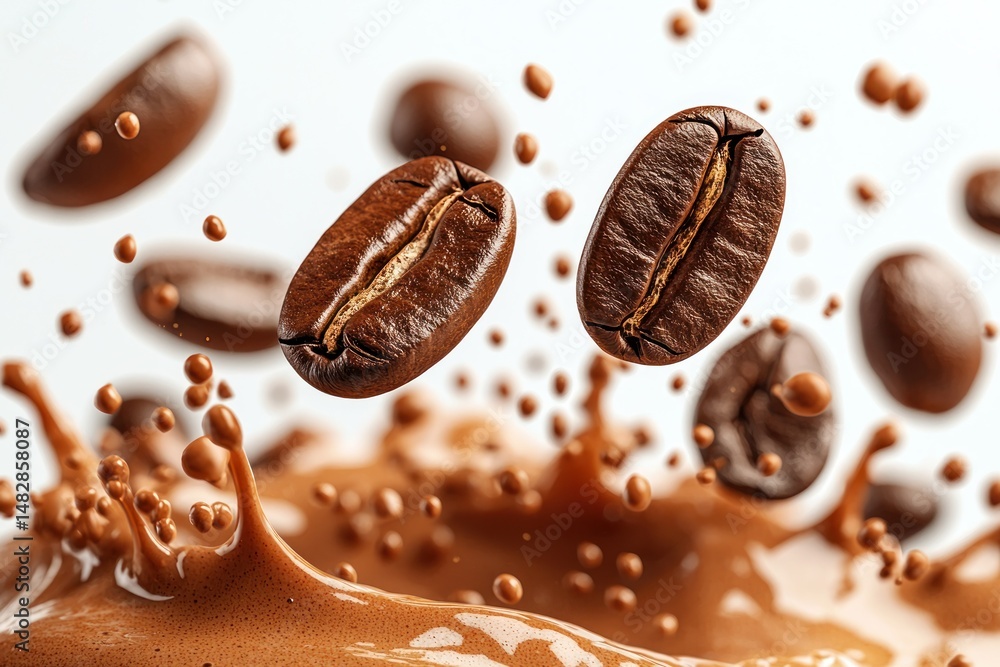 Coffee beans cascade; liquid splash of coffee Coffee beans cascade; liquid splash of coffee