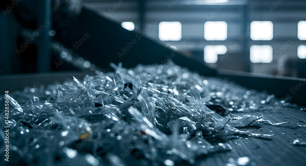 Naklejka premium Shredded Clear Plastic Pieces on Conveyor Belt for Recycling in Blue Industrial Setting Close Up