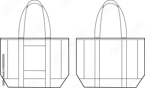 Structured Canvas Tote Bag with Double Handles and Exterior Pockets | Technical Fashion Illustration | Flat Bag Template CAD | Front and Back Views