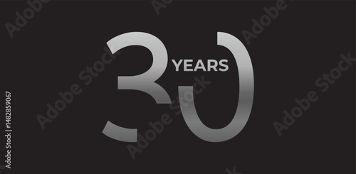 30 Anniversary symbol in silver, years between numerals, evokes authority, legacy. Branding for 30-year celebration, formal event identity, corporate communication. Vector illustration