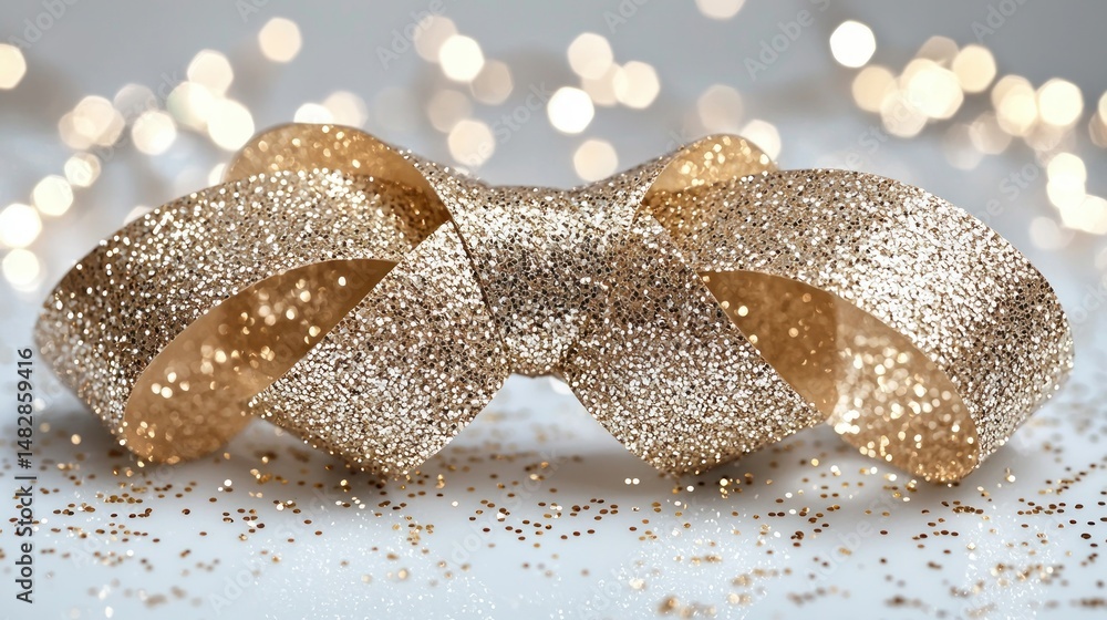 Naklejka premium Gold ribbon shines against blurred lights; festive backdrop