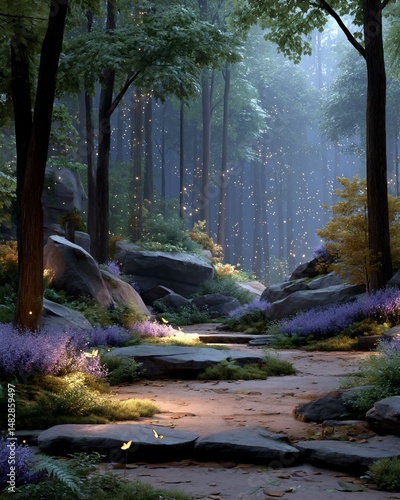 Enchanted forest path with magical lights