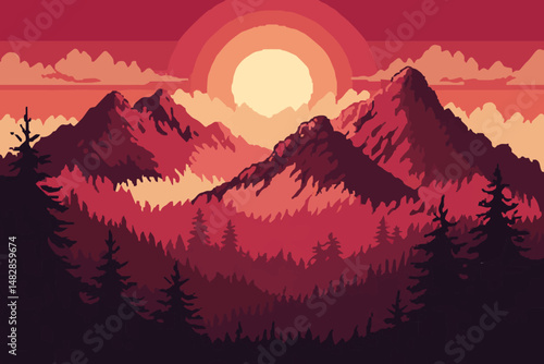 A breathtaking mountain landscape witnesses both a vibrant sunset painting the sky and a serene sunrise illuminating the snow-capped peaks and misty valleys