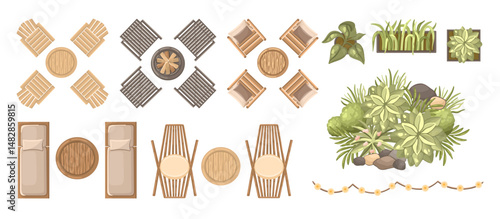 Top view wooden patio furniture set. Entourage design for architectural floor plans. Vector.