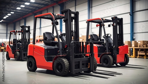 Three Red Forklifts in a Warehouse
