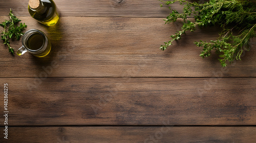 Rustic wooden table with glass bottle and jug of olive oil surrounded by fresh green herbs, creating natural and inviting kitchen atmosphere