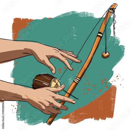 Hands playing a berimbau, striking its wire with rhythm in a vibrant cultural setting
