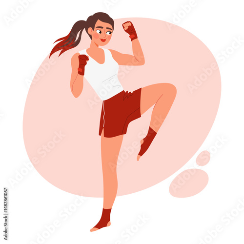 Young woman practicing Muay Thai knee strike. Female fighter in sports outfit performing martial arts move. Flat vector illustration of martial arts, fitness, and active lifestyle
