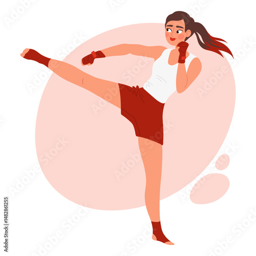 Young woman practicing Muay Thai high kick. Female fighter in sports outfit performing martial arts move. Flat vector illustration of active lifestyle, fitness, and self-defense