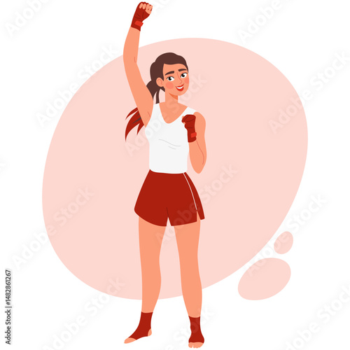 Happy female Muay Thai fighter raising her fist in victory. Young woman in sportswear smiling after winning. Flat vector illustration of success, motivation, and martial arts