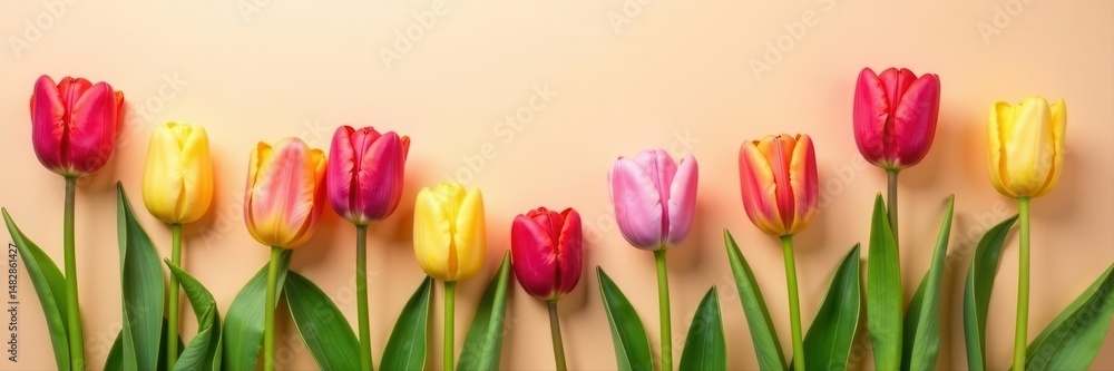 Fototapeta premium Soft beige background, colorful tulips arranged Ideal for spring or Mother's Day card , greeting card, springtime, beautiful